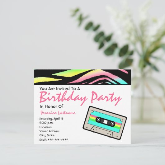 Neon Zebra Print & Cassettebandje Birthday Uitnodi Kaart (Staand voorkant)