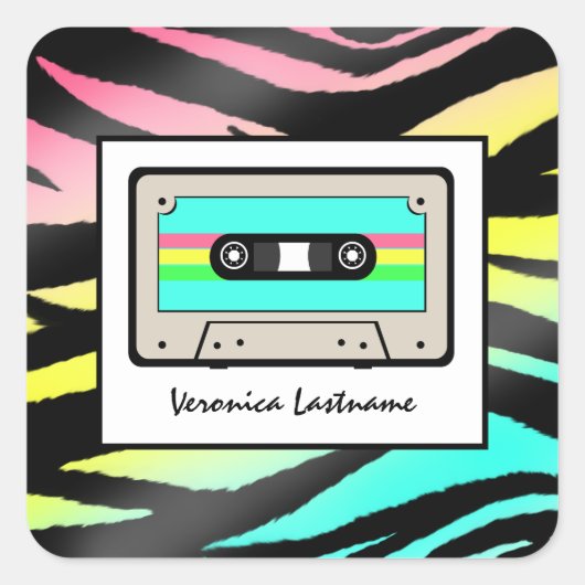 Neon Zebra Print & Cassettebandje gepersonaliseerd Vierkante Sticker (Voorkant)