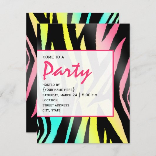 Neon Zebra Print Party uitnodiging (Voorkant / Achterkant)
