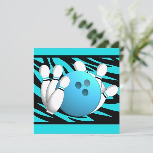 Neon Zebra Stripe Bowling Party Kaart (Staand voorkant)