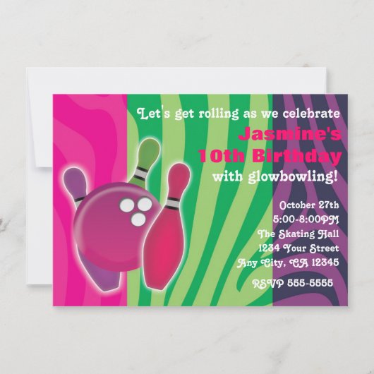 Neon Zebraprint Bowling Glow-kom Feest Uitnodiging (Voorkant)