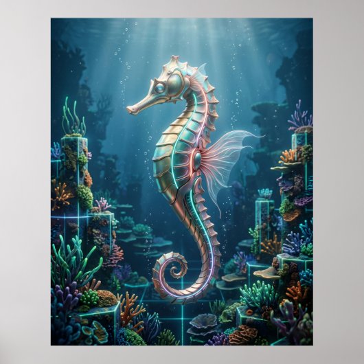 Neon Zeepaard Koraal Raster Poster (Voorkant)