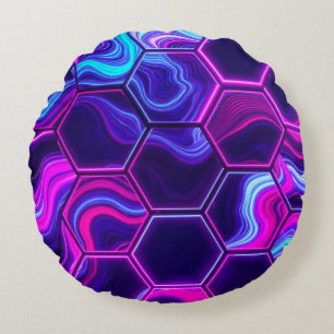 Neon Zeshoek Roze Paarse Marmer Abstract Patroon Rond Kussen