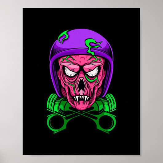 Neon Zombie Biker Schedel Kruis Zuigers Poster (Voorkant)