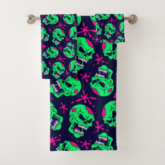 Neon Zombie Schedels Patroon Bad Handdoek (Insitu)