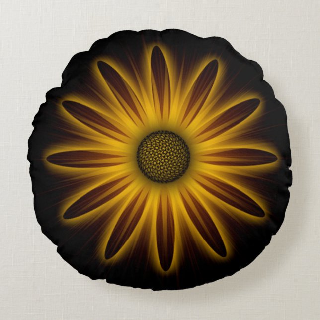 Neon Zonnebloem Ontwerp Op Zwart   Rond Kussen (Voorkant)
