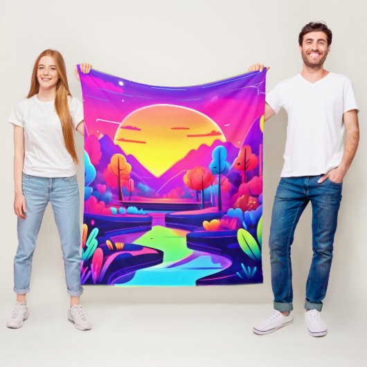 Neon Zonsondergang Landschap Fleece Deken (In situ)