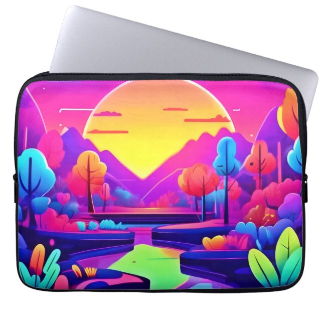 Neon Zonsondergang Landschap Laptop Sleeve (Voorkant)