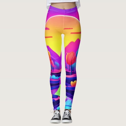Neon Zonsondergang Landschap Leggings (Voorkant)