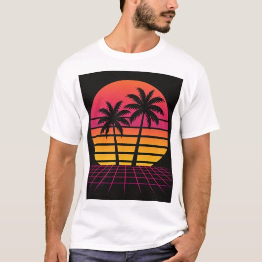 Neon zonsondergang met palmbomen t-shirt (Voorkant)