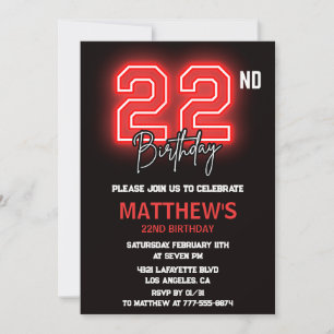 Neon Zwart 22e verjaardagsuitnodiging Mannen verja Kaart