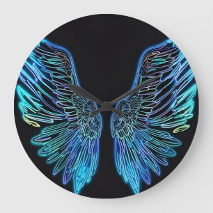 Neon zwart en blauwe engel Wing Wall Clock Grote Klok