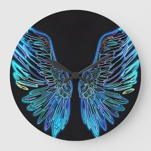 Neon zwart en blauwe engel Wing Wall Clock Grote Klok (Voorkant)