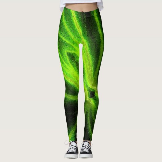 Neon Zwart Groen Abstract Patroon Leggings (Voorkant)