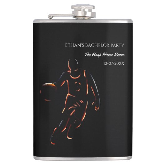 Neon zwart oranje basketbal themapartij weekend heupfles (Voorkant)