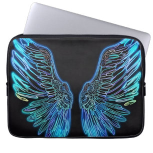 Neon zwarte en blauwe engelenvleugels laptop sleeve