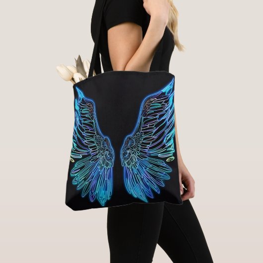 Neon zwarte en blauwe engelenvleugels tote bag (Dichtbij)