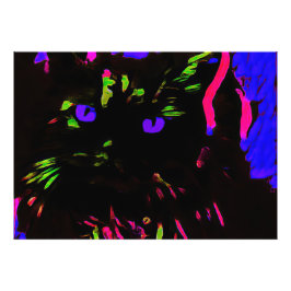 Neon zwarte kat met gloeiende ogen foto afdruk