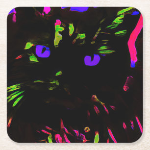 Neon zwarte kat met gloeiende ogen kartonnen onderzetters