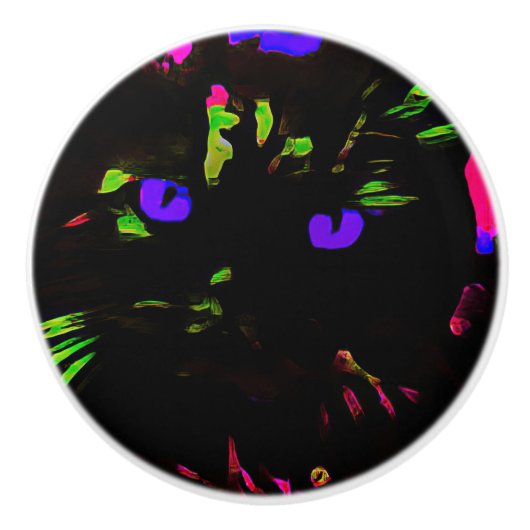 Neon zwarte kat met gloeiende ogen keramische knop (Voorkant)