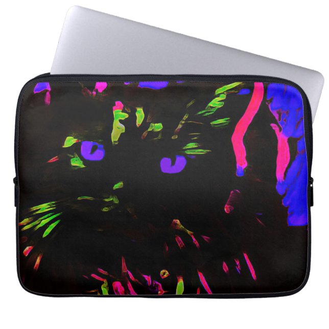 Neon zwarte kat met gloeiende ogen laptop sleeve (Voorkant)
