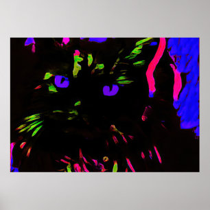 Neon zwarte kat met gloeiende ogen poster