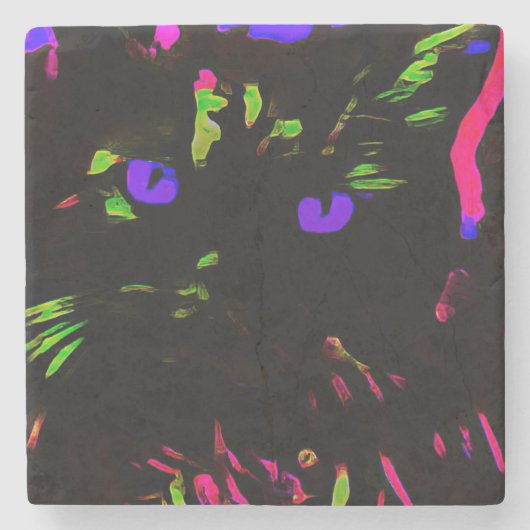 Neon zwarte kat met gloeiende ogen stenen onderzetter (Voorkant)