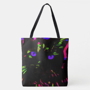 Neon zwarte kat met gloeiende ogen tote bag