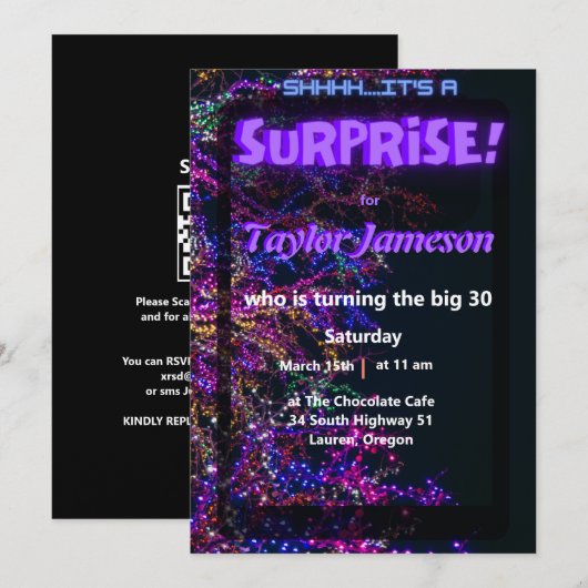 neon zwarte moderne verrassingsuitnodiging QR RSVP Kaart (Voorkant / Achterkant)