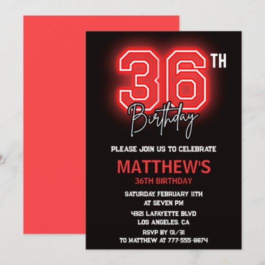 Neon Zwarte Rode Mannen Sport 36ste verjaardag Kaart (Voorkant / Achterkant)