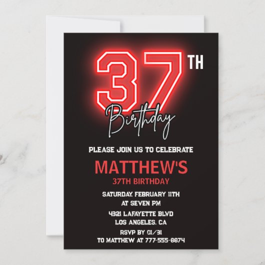 Neon Zwarte Rode Mannen Sport 37ste verjaardag Kaart (Voorkant)