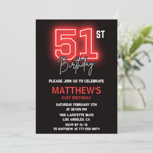 Neon Zwarte Rode Mannen Sport 51ste verjaardag Kaart (Staand voorkant)