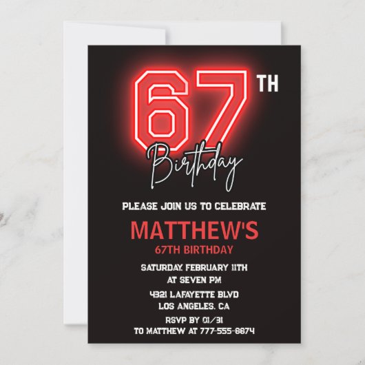 Neon Zwarte Rode Mannen Sport 67ste verjaardag Kaart (Voorkant)