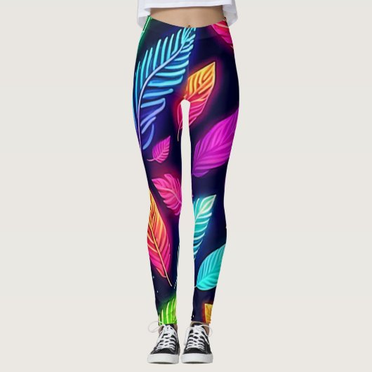Neonbladeren in levendige gloed kunst leggings (Voorkant)