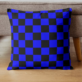 Neonblauw en zwart geruit dambord vintage kussen