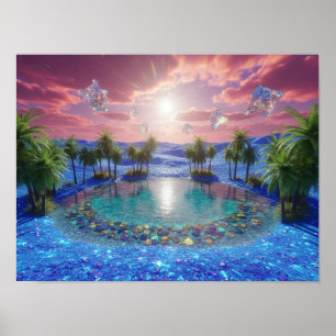 Neonblauw woestijnlandschap met zwevende kristalle poster
