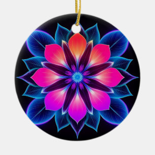Neonbloem met blauwe lichtpatronen keramisch ornament