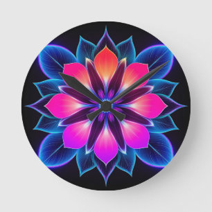 Neonbloem met blauwe lichtpatronen ronde klok