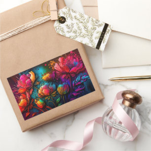 Neonbloemen, kleurrijk, bouquet, inktspits rechthoekige sticker