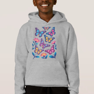 Neonbloemen met zes gloeiende vlinders