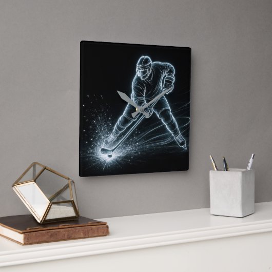 Neonhockeyspeler op het ijs vierkante klok (Kantoor)