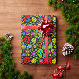 Neonkleuren Op Zwarte Retro Bloemenseamless Patroo Cadeaupapier
