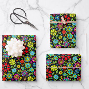 Neonkleuren Op Zwarte Retro Bloemige Naadloos Patr Inpakpapier Vel