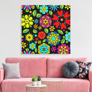 Neonkleuren Op Zwarte Retro Bloemige Naadloze Patr Canvas Afdruk