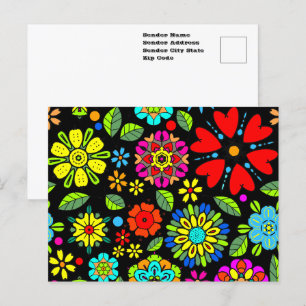 Neonkleuren Op Zwarte Retro Bloemrijke Naadloos Pa Briefkaart