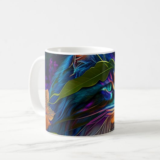 Neonkleurige kat in tropische bloemen AI kunst Koffiemok (Voorkant links)