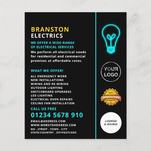 Neonlicht, elektricien Adverteren Flyer (Voorkant)