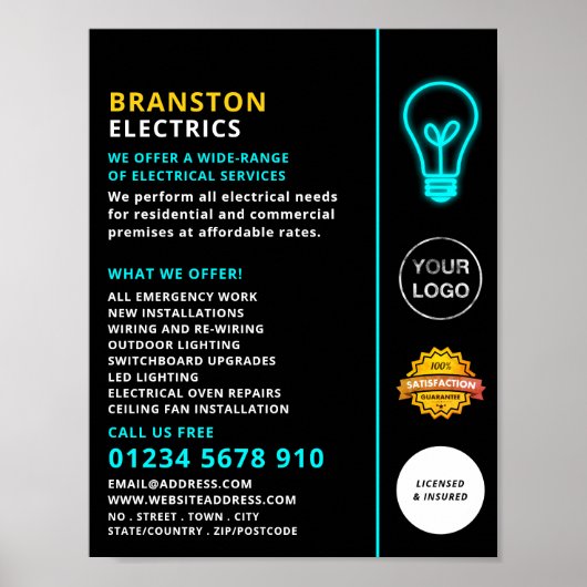 Neonlicht, elektricien Adverteren Poster (Voorkant)