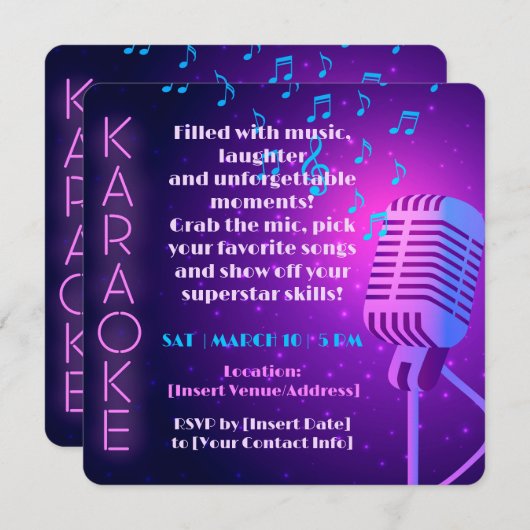 Neonlichten & Microfoon Karaoke Feest Kaart (Voorkant / Achterkant)