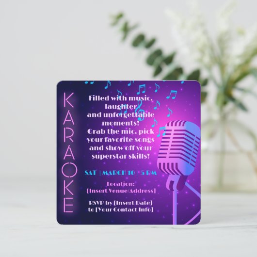Neonlichten & Microfoon Karaoke Feest Kaart (Staand voorkant)